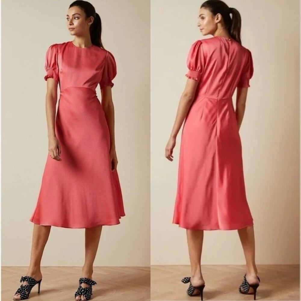 Ted Baker Textured Satin Midi Dress Size 12 Coral Pink Puff Sleeve modest chic - Picture 2 of 12